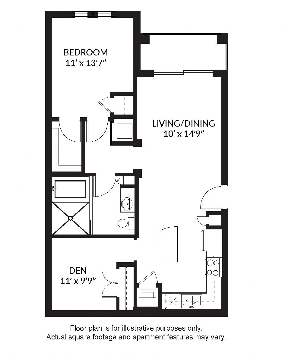 Floor plan for 1 bed, 1 bath, 915 sqft